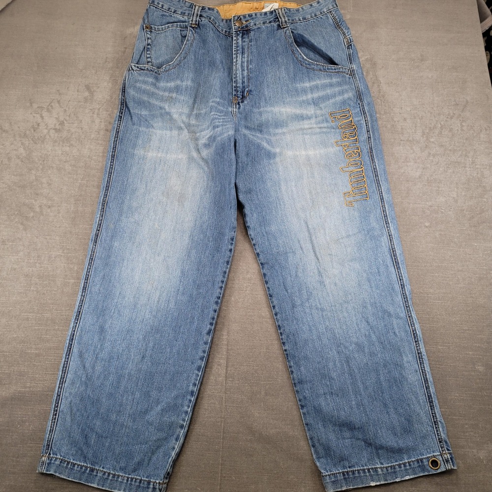 Timberland Y2K Baggy Hip Hop Blue Jeans Mens Actual Size 38x31 Embroidered Flaws